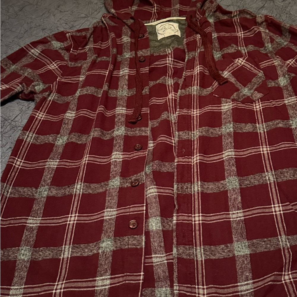 Birch Black Plaid Hooded Button Shirt S Burgundy Fall Grunge Cottagecore